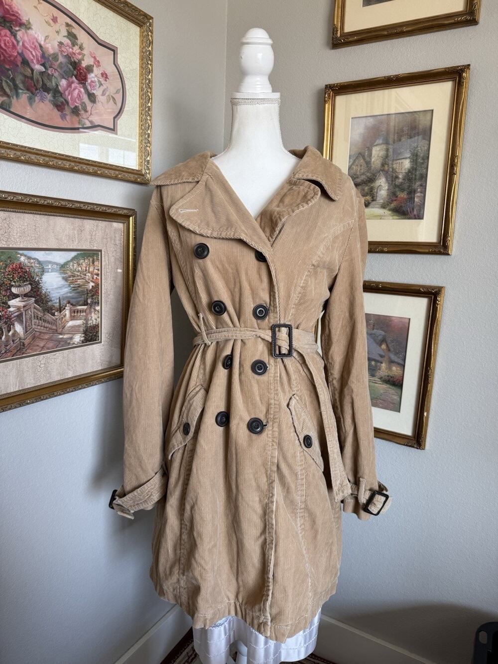 Merona Corduroy Trench Coat Women’s Large Floral Interior 100% Cotton Exterior